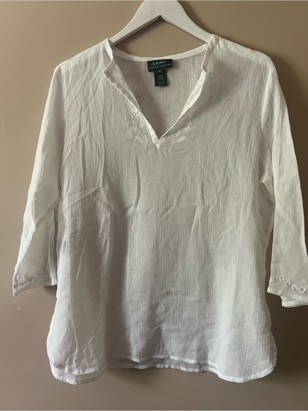 Lauren Ralph Lauren White Embroidered Split-Neck embroidered gauze cotton indie